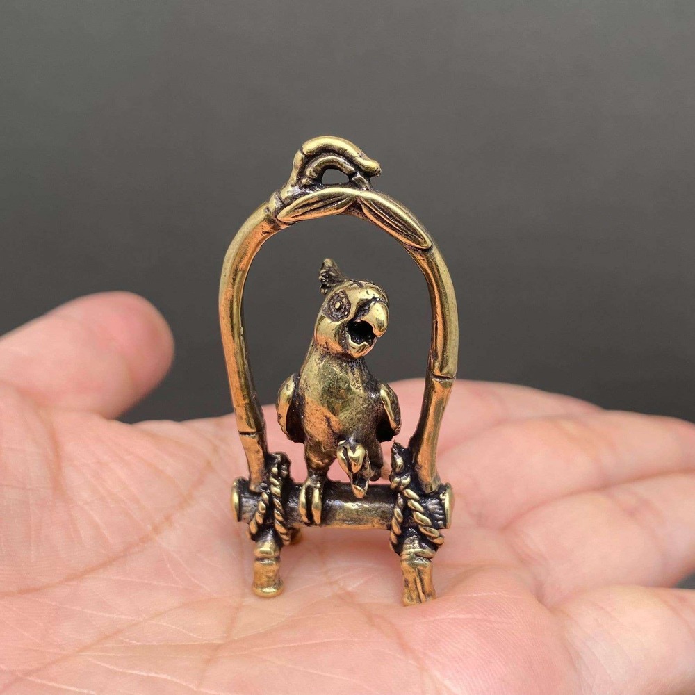 Vintage Brass Parrot Figurine Cockatoo Bamboo Hoop Miniature Gold Bird 51mm 1pc